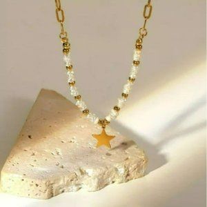 Gold Plated Stainless Steel Chain Freshwater Pearl Beads Star Pendant Necklace